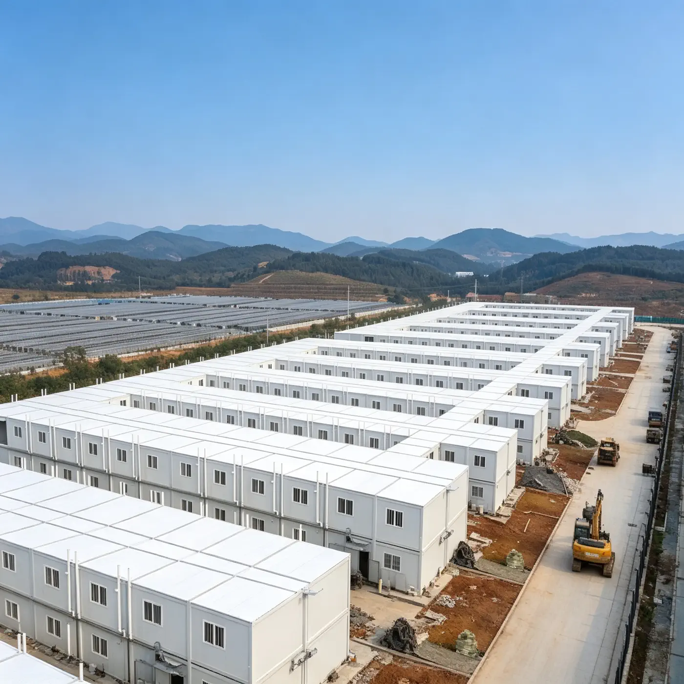 Aerial view of prefab worker accommodation buildings arranged for a large commercial project site
