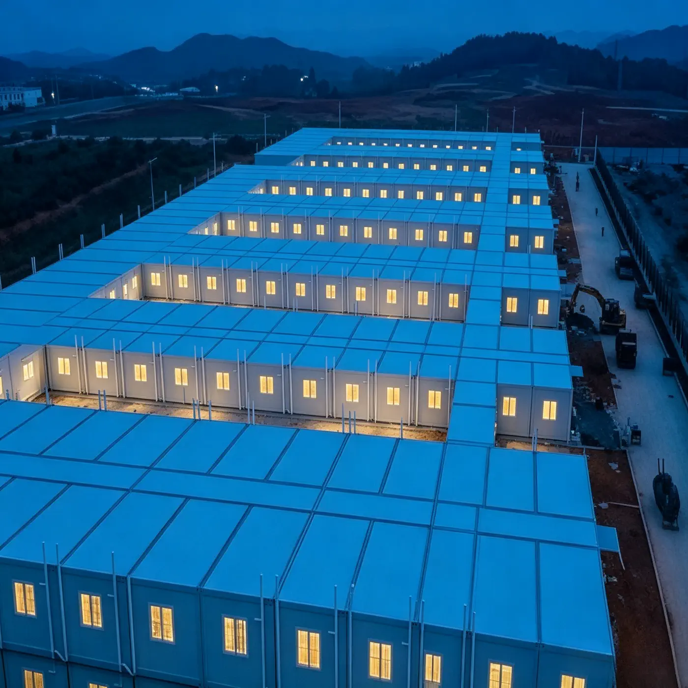 Evening aerial view of a modular construction site accommodation camp