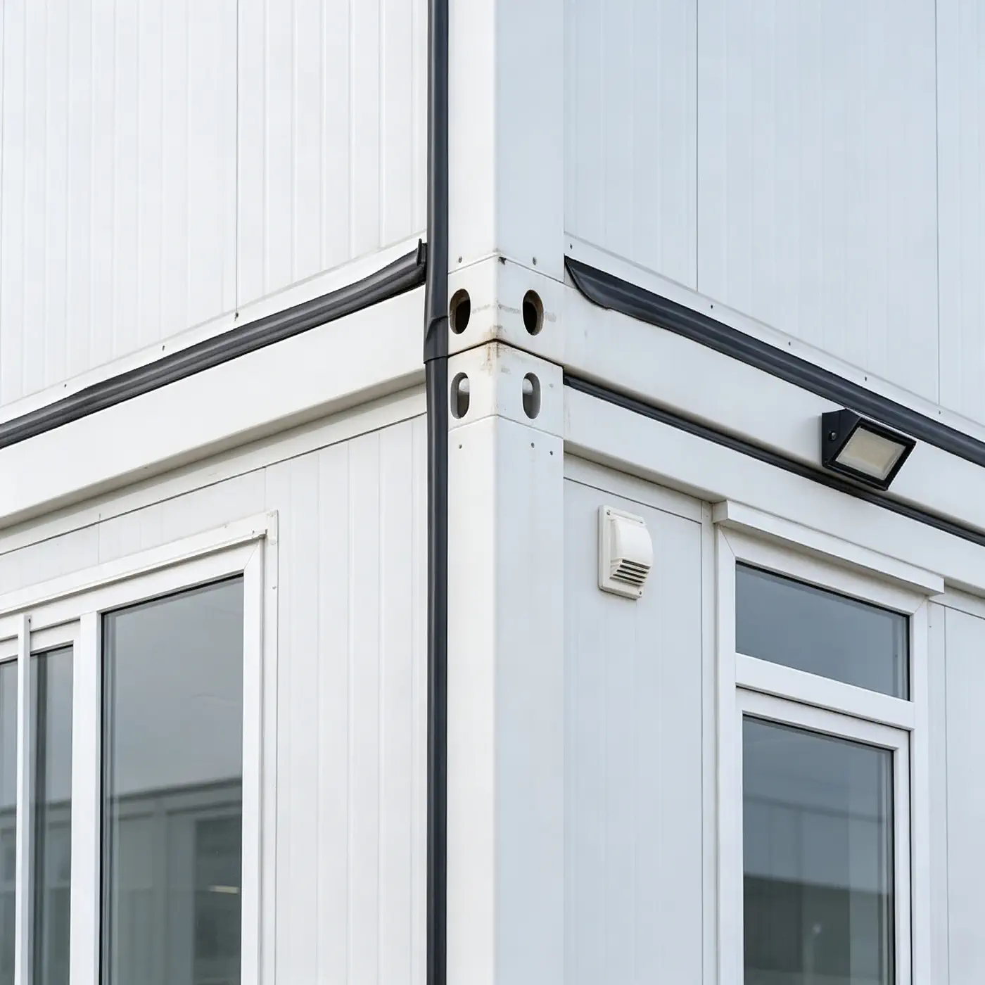 Close-up of modular building exterior corner joints panel seams windows and waterproofing details