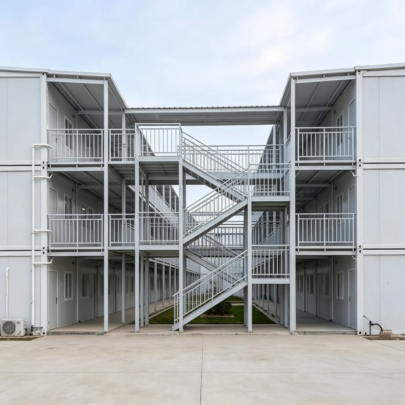 Connected modular accommodation walkways and stairs providing staff access and multiple emergency escape routes
