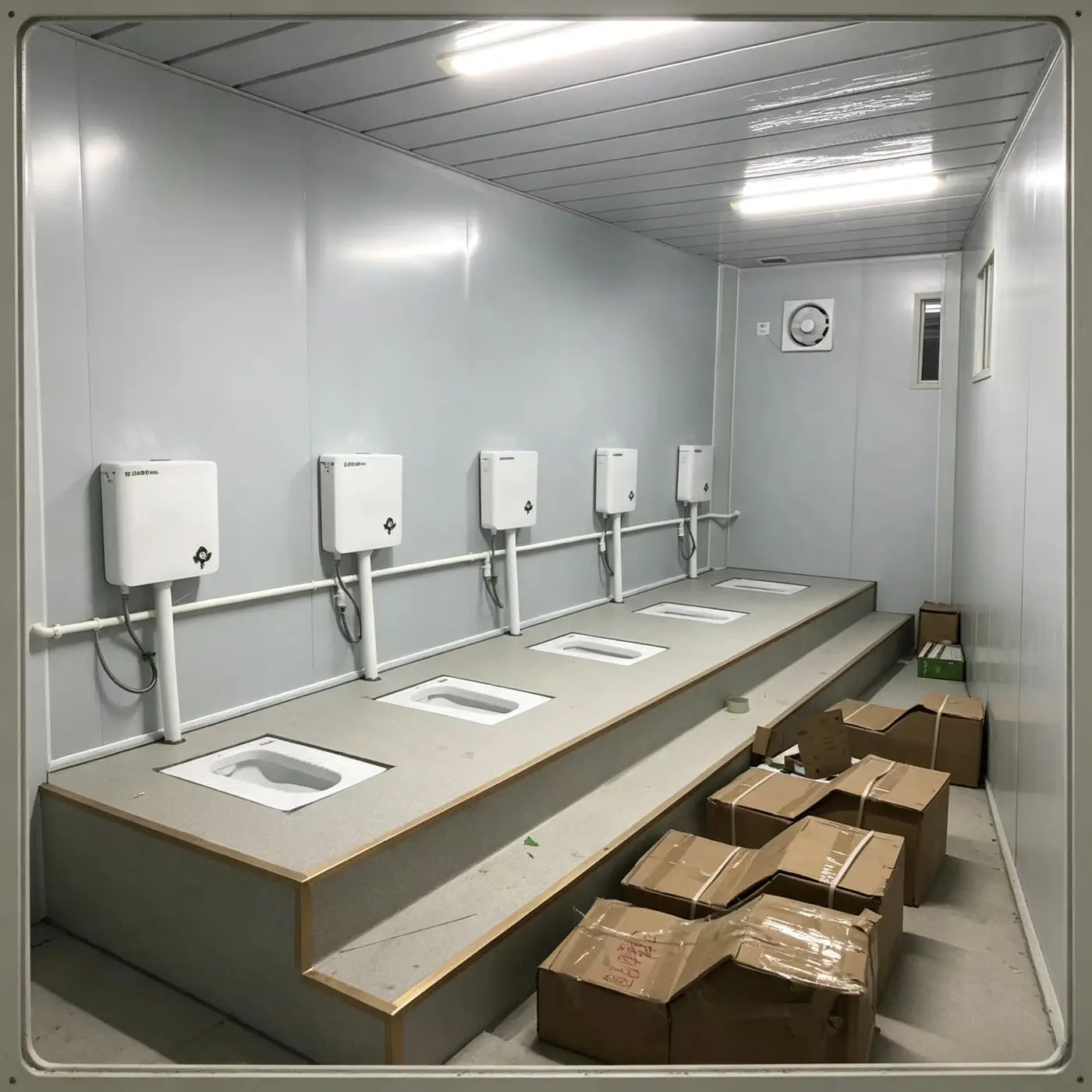 Muslim-friendly modular toilet room with squat pans and handheld bidet sprayers