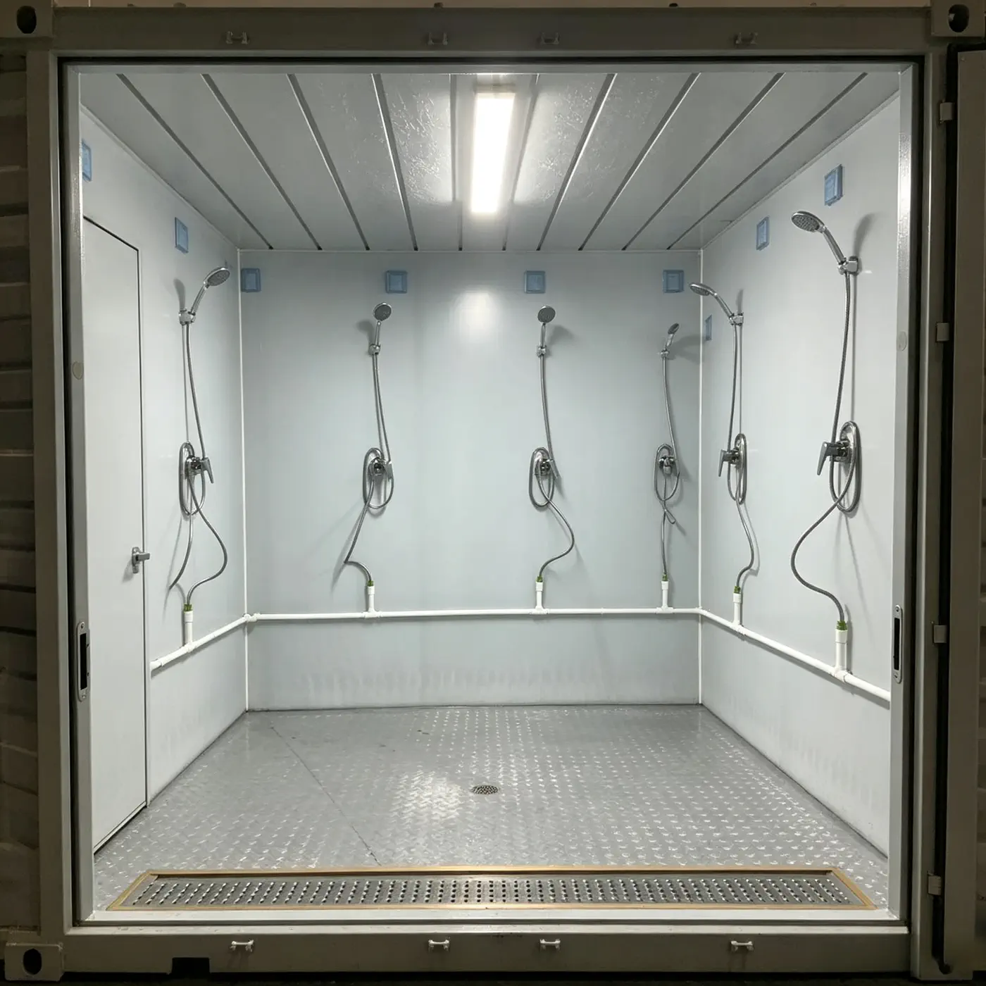 Workforce camp shower room module with waterproof panels drainage and multiple shower fixtures