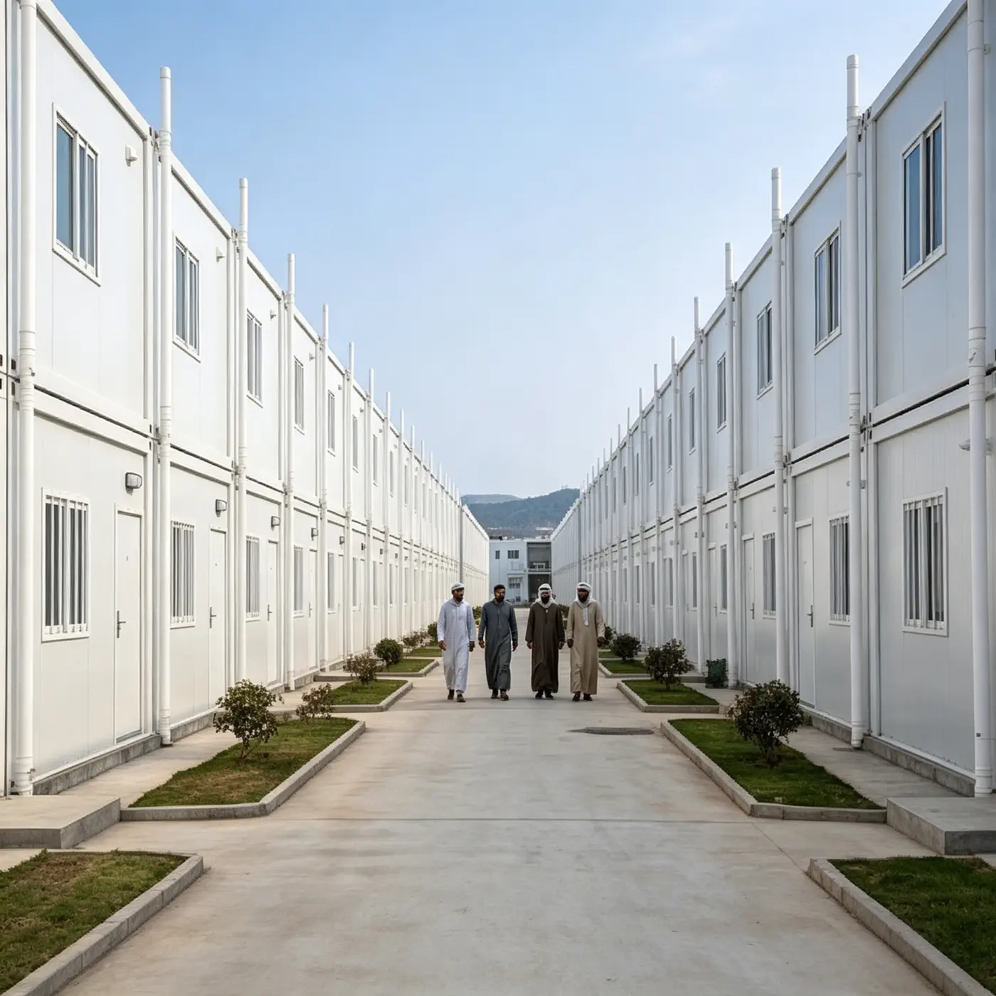 Project management personnel walking through a clean modular camp walkway between accommodation blocks