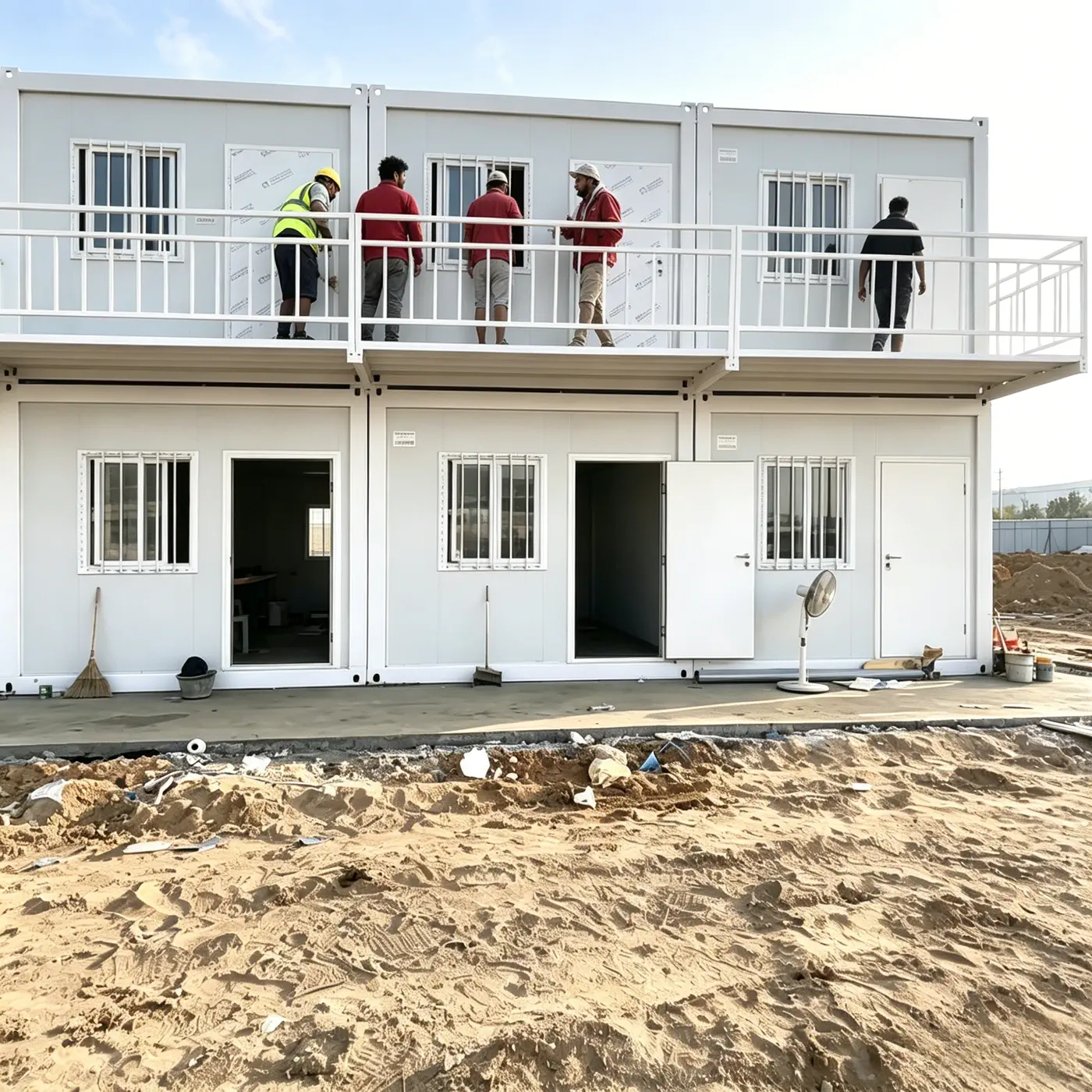 Workers inspecting a two-storey modular building during site installation